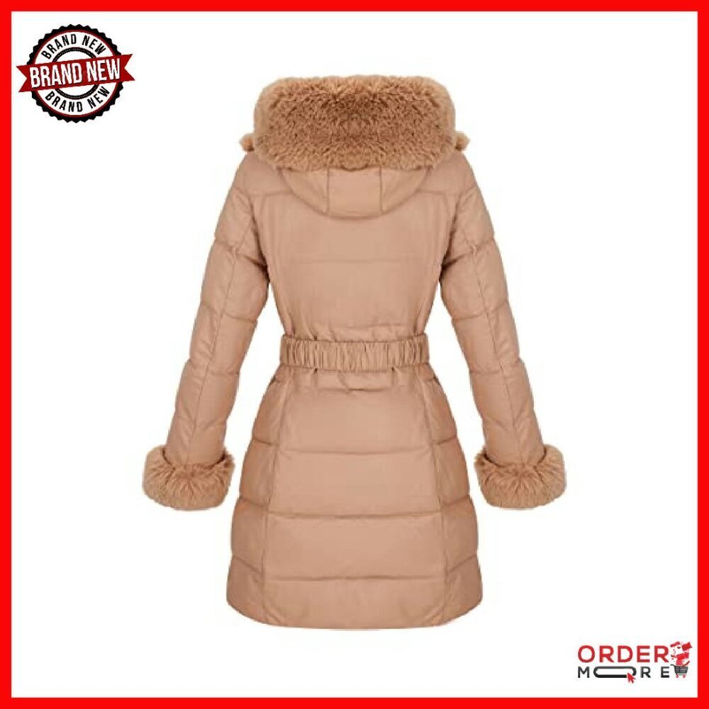 Women's Winter Puffer Coat with Fur Hood, Faux Leather, Belted, Size Available - Picture 3 of 8